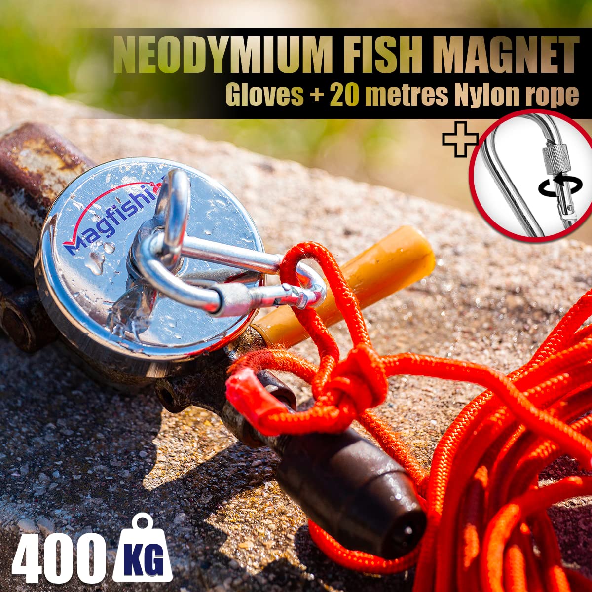 Magfishion - Powerful Neodymium Magnet - 880 lb (400kg) - Fishing Magnet Kit - Ø 90 mm - With 2 Ropes (10M& 20M) - Triple Hook - Gloves - Magnetic Fishing - Fishing Magnets Strong